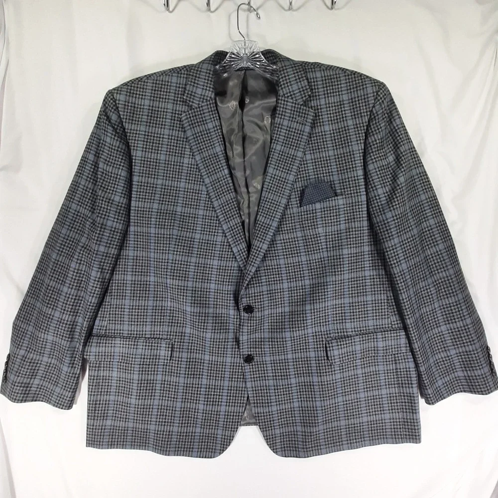 Lauren Ralph Lauren Blazer 52R Silk Wool Plaid Gray Blue‎ Sport Coat Men Big